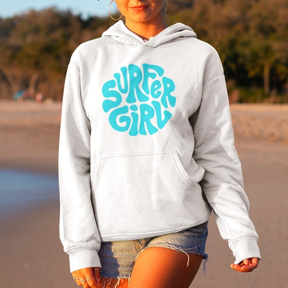 🆕Surfer Girl White Fleece Pullover Hoodie Sweatshirt